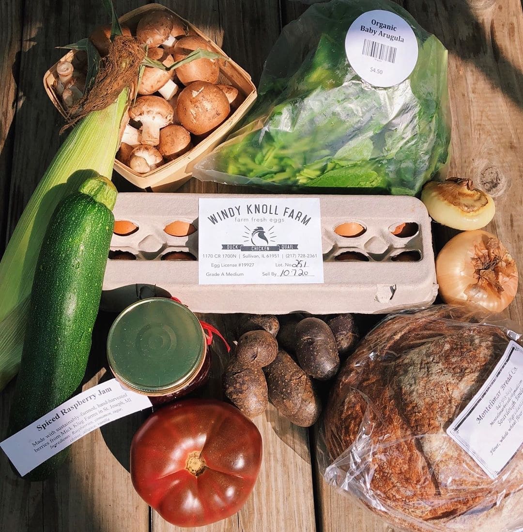 A picture of eggs, vegetables, and other items from the River Valley Winter CSA box