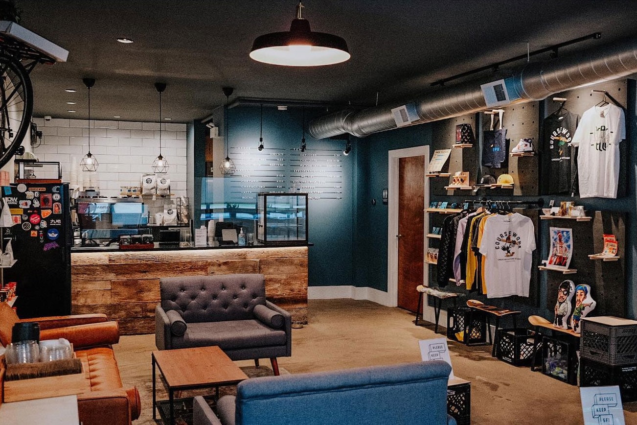 A photo of the cozy couches and interior of Side Practice Coffee