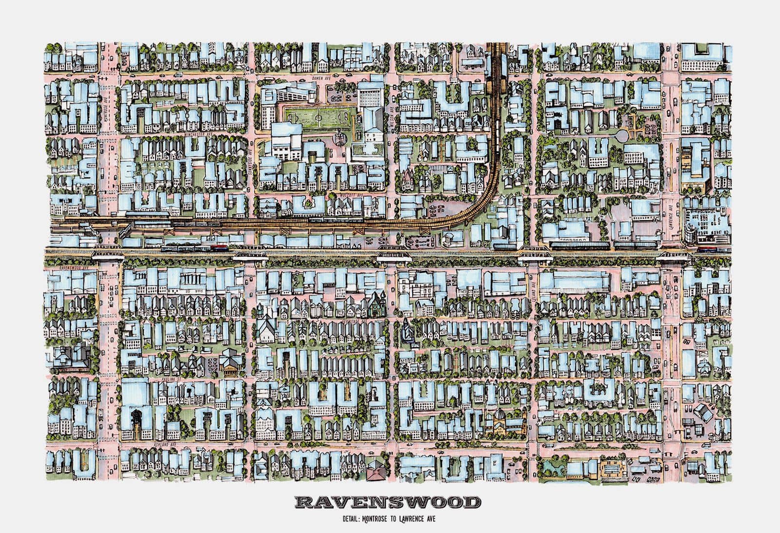 An illustrated, bird's eye view map of Ravenswood by Cape Horn Illustration