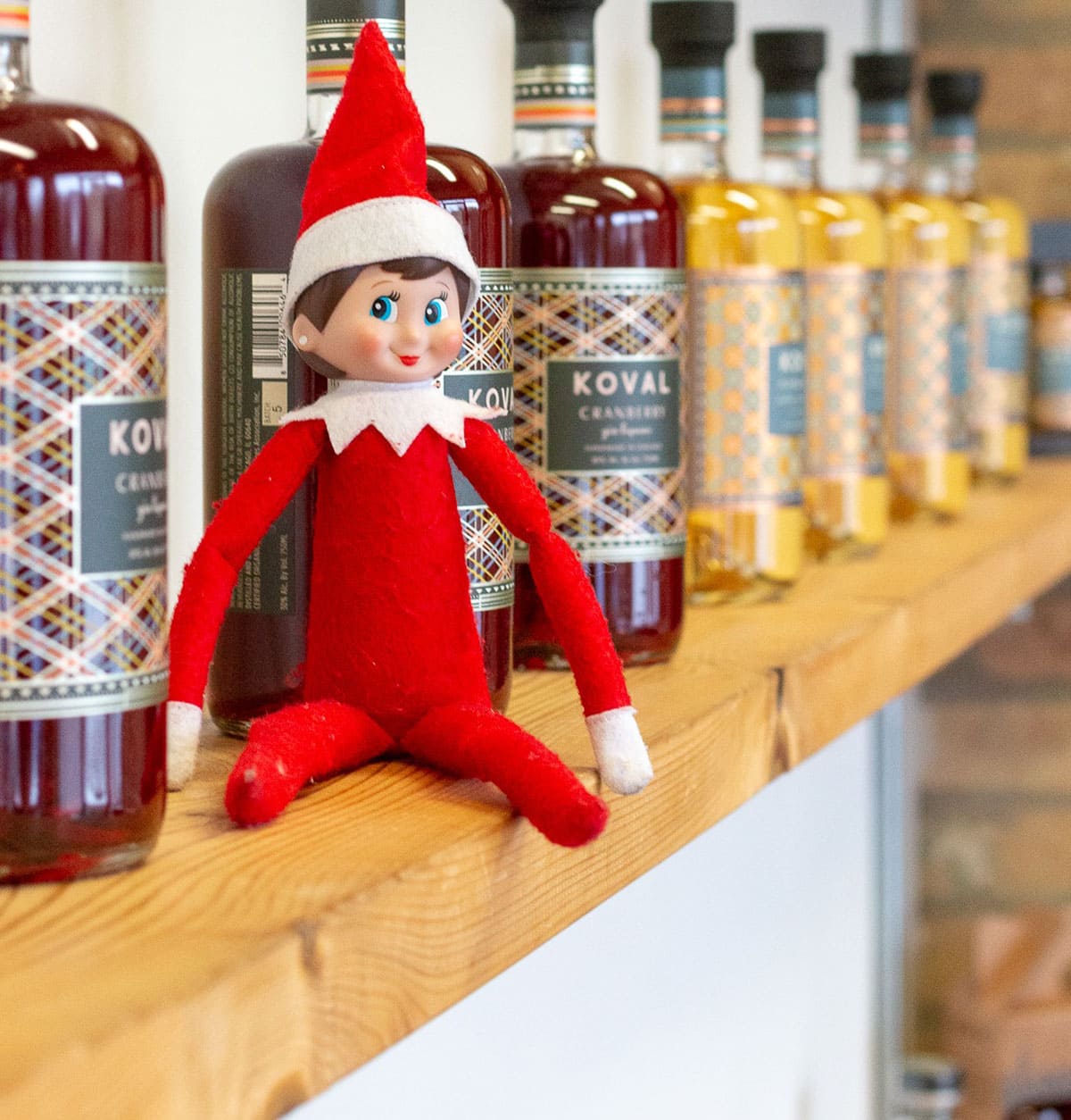 Patty, Ravenswood's holiday Elf on the Shelf, visiting KOVAL distillery