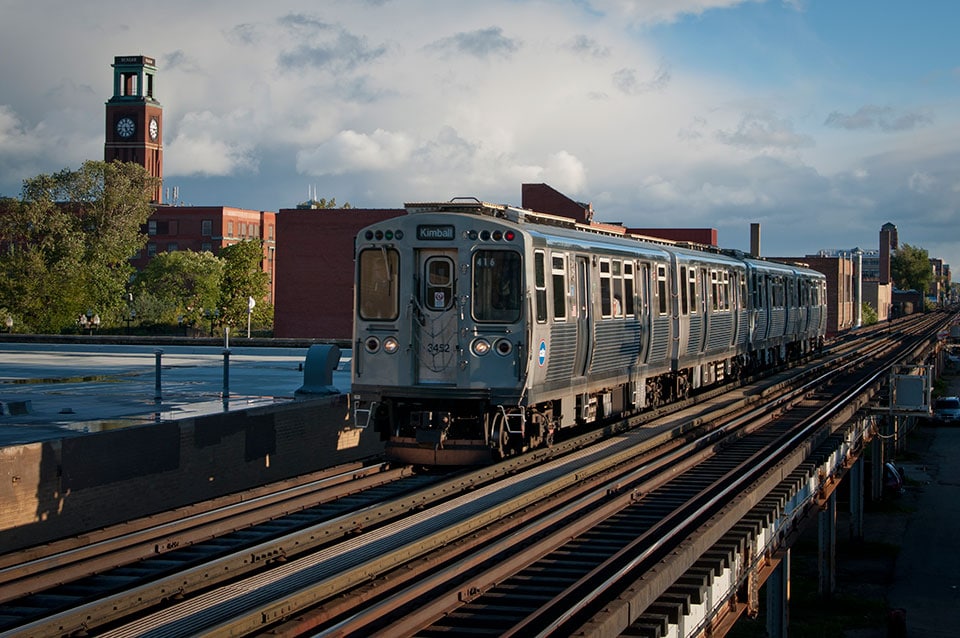 CTA Brown line tracks cutting through Ravenswood Industrial Corridor with Deagan Building in the background
