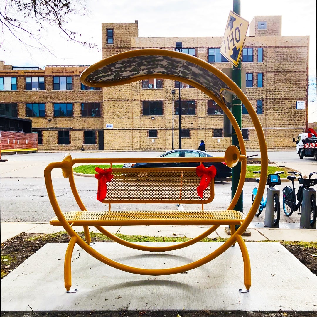 Oak Leaf Shade Bench II by Jim Gallucci, decorated for the holidays in Ravenswood