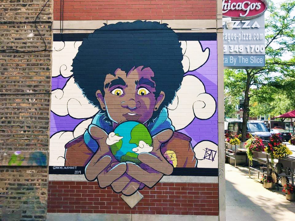 Apocalypse Boy Takes the World. a mural by Rachel Nurmi