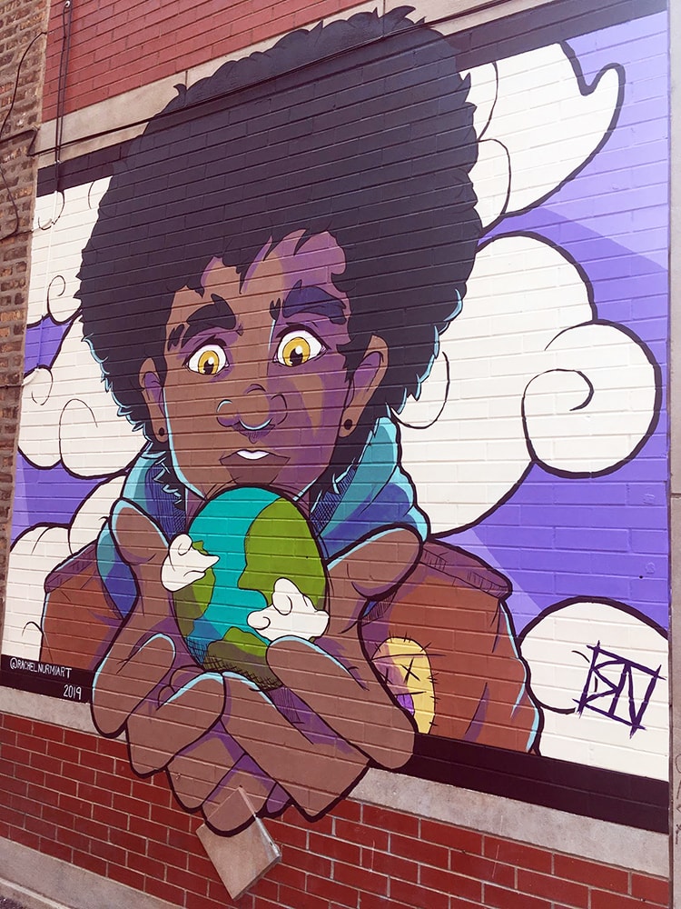 Apocalypse Boy Takes the World. a mural by Rachel Nurmi