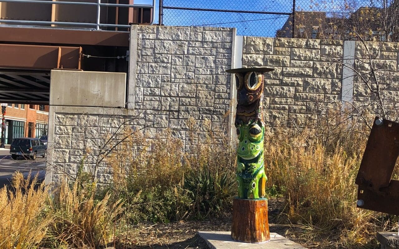 A totemic Frog and Toad sculture install